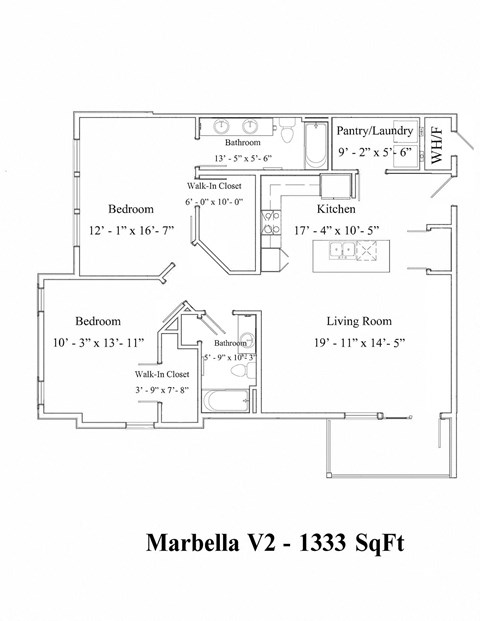 Floor plan for 2 beds, 2 baths, 1333 sqft